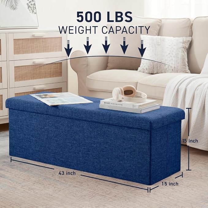 Ornavo Home 43 Inch Folding Storage Ottoman, Long Large Storage Ottoman Chest, Foot Rest Stool, Bedroom Bench - (Navy)