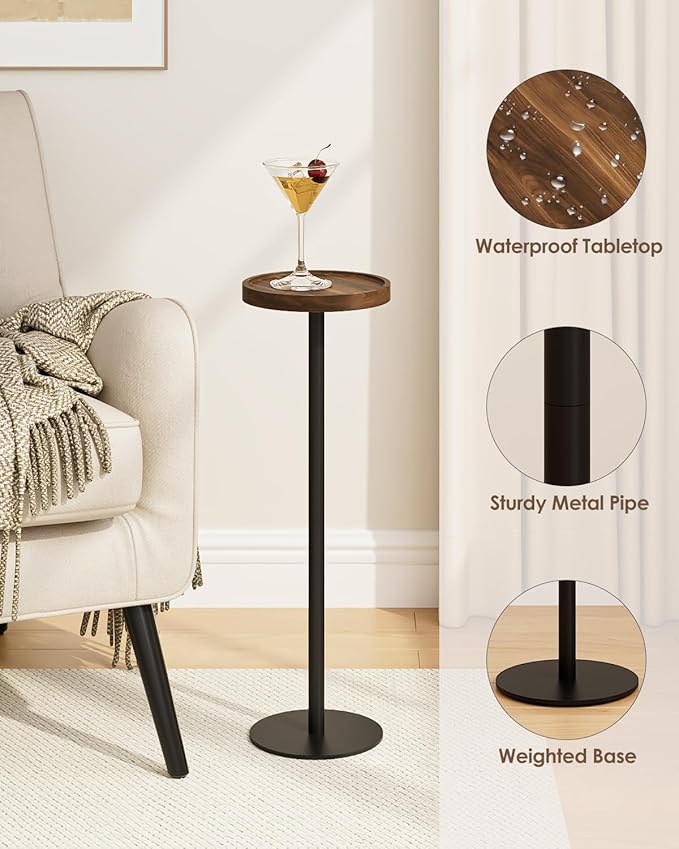 Drink Table, Small Pedestal Side Table, Round Cocktail Table, Circle Accent End Table with Metal Base, for Small Spaces (1, Brown Walnut)