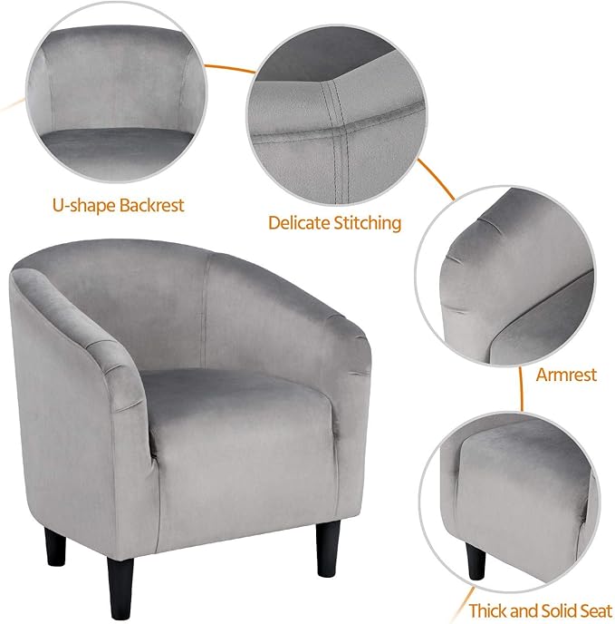 Yaheetech Living Room Chair, Velvet Accent Chair, Upholstered Barrel Chair, Sitting Chair with Armrest and Low Back for Living Room Bedroom Reception Room, Gray