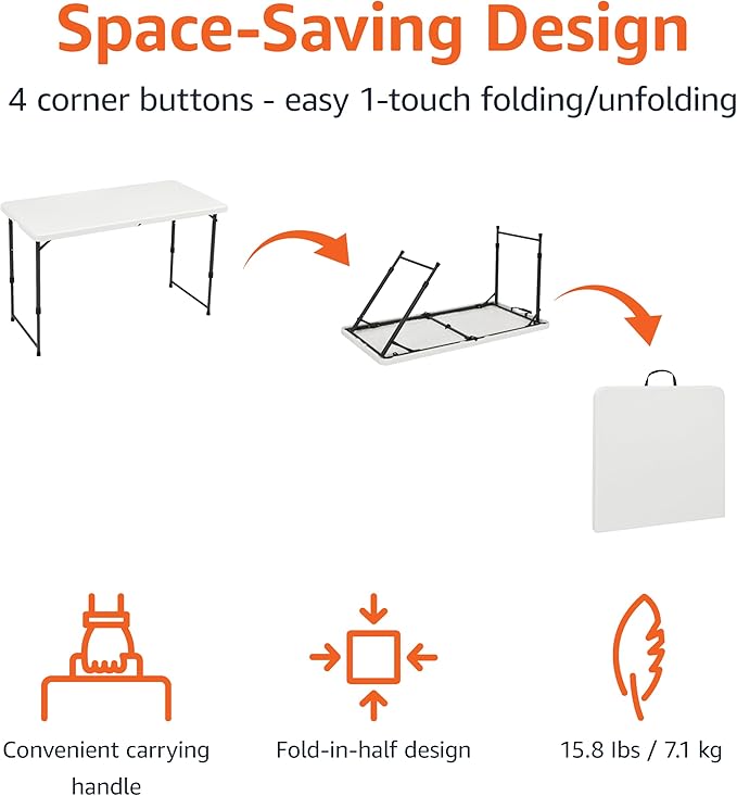 Amazon Basics 4 Foot Rectangular Folding Dining Table, 4 Adjustable Height Settings with Carrying Handle, Indoor & Outdoor, White, 47.8 x 23.9 x 33.9 in