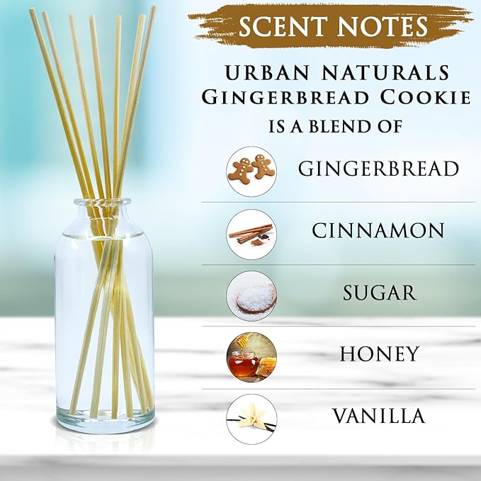 Urban Naturals Gingerbread Cookie Reed Diffuser Set - Warm Vanilla, Nutmeg, Cinnamon & Ginger - Made in The USA