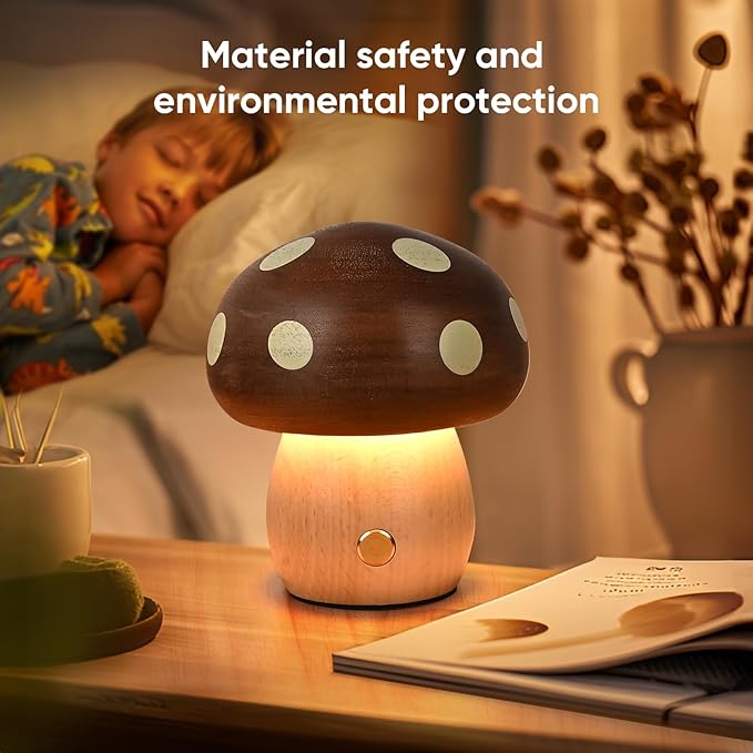 Wood Mushroom Lamp, Rechargeable Small Bedside Lamp, Touch Mushroom Night Light Small lamp for nightstand, Portable Battery Operated Lights for Bedroom Kids Birthday Gifts