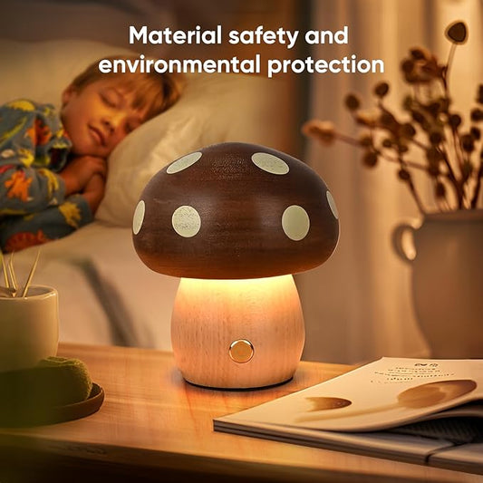 Wood Mushroom Lamp, Rechargeable Small Bedside Lamp, Touch Mushroom Night Light Small lamp for nightstand, Portable Battery Operated Lights for Bedroom Kids Birthday Gifts