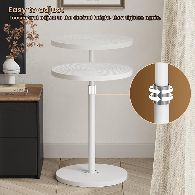 Round Side Table, Small Drink Table for Small Spaces, Adjustable-Height Pedestal Martini Table, Weighted Base Cocktail Stand for Living Room, Bedroom, Bathroom, Nursery, Office, White