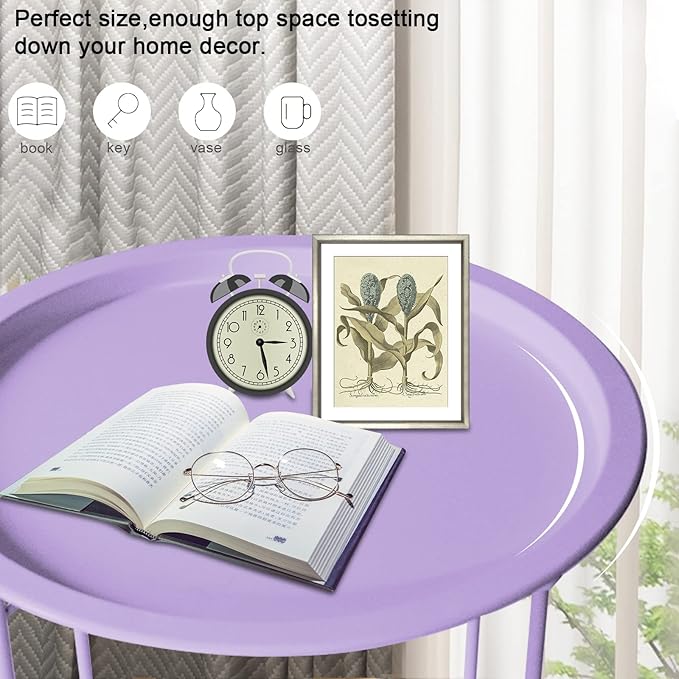 VILAWLENCE Metal End Table Side Table Round Folding Tray, Sofa Small Accent Fold-able Side Table Tray,Outdoor Side Sofa Table, Snack Table for Living Room and Bed Room 18.5 in (Purple)