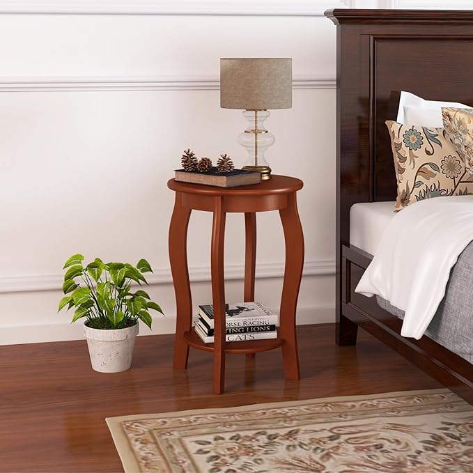 Giantex Round End Table, Wooden Side Table with Storage Shelf, Small Nightstand with Solid Wood Legs, 2-Tier Accent Table for Living Room Bedroom (2, Walnut)