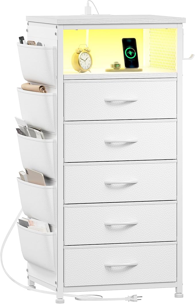 EnHomee Tall Night Stand with 5 Drawers, LED Nightstand with Ports & Outlets, White Dresser with Extra Side Bag & Storage Shelf & Hooks, Bedroom, Dorm, Closet