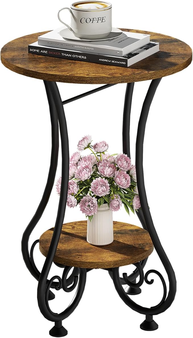 X-cosrack End Table, Round Side Table for Small Spaces, Coffee Tea Table Nightstand Home Decor for Living Room Balcony Bedroom Office,Rustic Brown & Black,15.75" L x 15.75" W x 24.0" H