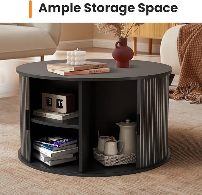 Coffee Table with Storage,31.5" Wood Round Coffee Table Hidden Storage and Open Shelves with 360°Curved Sliding Door,for Living Room Office Apartment,Black