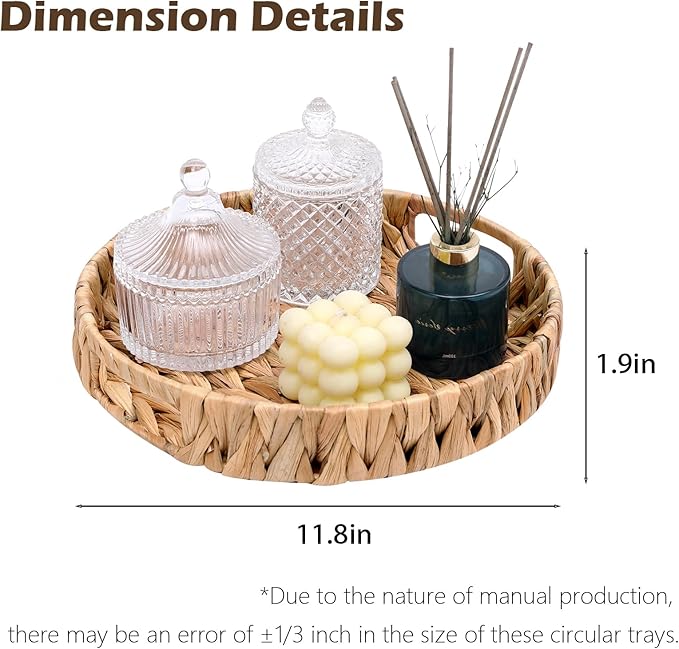 Round Serving Tray Hand-Woven Wicker Basket 11.8x1.9in Water Hyacinth Baskets with Handles,Coffee Table Tray for Fruit,Arts,Crafts