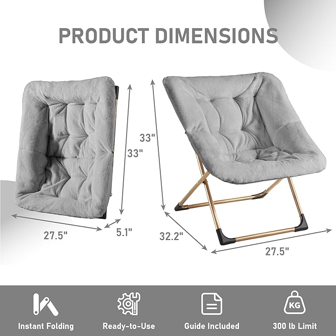 Comfy Oversized Saucer Chair, Soft Faux Fur Reading Lounge Chair for Adults, Stable X-Large Metal Frame and Non-Slip Pad, Foldable Cozy Chairs for Bedroom, Living Room, Dorm, Light Gray