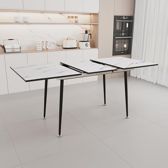 Marble Dining Table for 4-6, 47''-63'' Extendable Dining Table, Modern Kitchen Table, Space Saving Rectangular Table for Office and Dining Room (White)