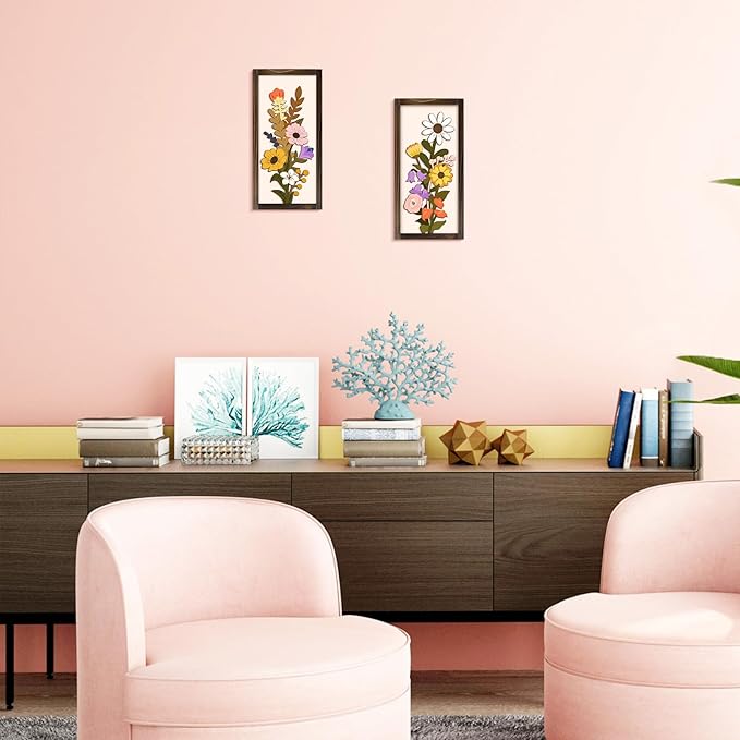 Kas Home 3D Floral Wall Art, 2 Set Rustic Wood Boho Flower with Vase Framed Wall Decor for Bathroom Living Room Bedroom Office Housewarming Gift, Ready To Hang Plaque Sculptures (White-A, 6L" x 12W", Framed)