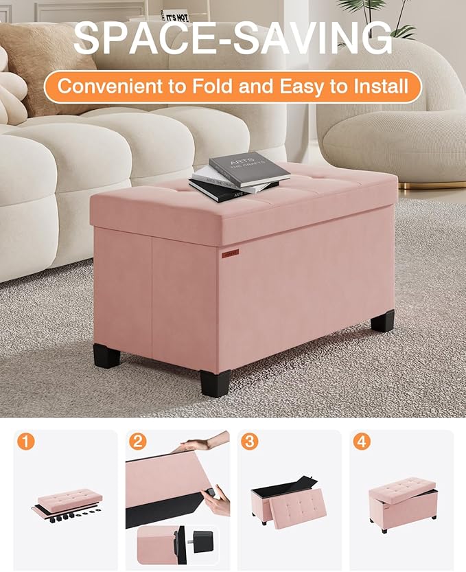 Foldable Storage Ottoman Bench, Velvet Footrest and Seat Cube with Feet, Storage Chest, for Living Room, Bedroom and Office, 15 x 30 x 15.7 Inches, Jelly Pink, ASND23P