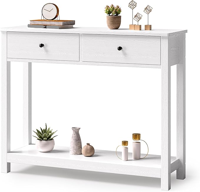 Gizoon Console Table with Drawers, Sofa Table with Storage Shelves, 2-Tier Wooden Entryway Table for Living Room, Kitchen, Hallway, Foyer, White