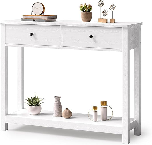Gizoon Console Table with Drawers, Sofa Table with Storage Shelves, 2-Tier Wooden Entryway Table for Living Room, Kitchen, Hallway, Foyer, White