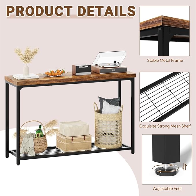 Console Table, Entryway Table, Sofa Table with Mesh Shelves, Console Tables for Living Room, Bedroom, Hallway, Entryway, Foyer (2 Tier, Rustic Brown, 47 inch)