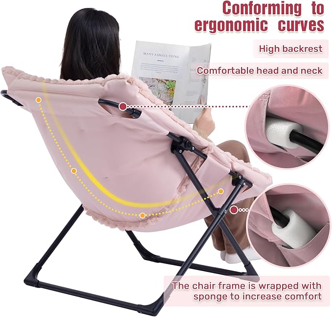 HollyHOME X-Large Saucer Chair, Comfy Oversized Folding Chair, Faux-Fur Reading Chair for Teens, Adults, Foldable Accent Lazy Chair, Metal Lounge Chair for Living Room, Bedroom, Dorm, Grid Pink