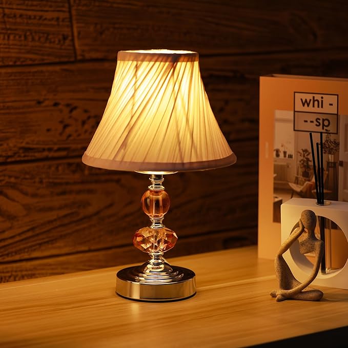 Small Modern Crystal Bedside Table Lamp, 7 x 7 x 12 Inch Electroplaetd Silver Base Table Lamp for Bedrooms and Office (Pink Pleated Bell Shape Shade)