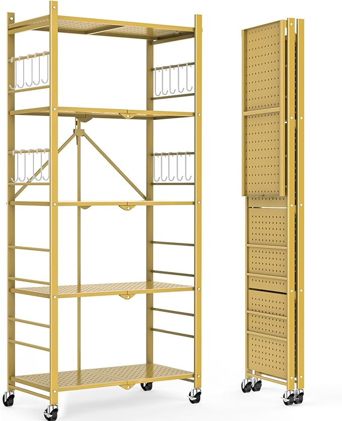 Storage Shelves with 20 Hooks, 5-Tier Foldable Shelves for Storage, Folding Shelf Unit Pantry Shelves with Wheels, Standing Shelving Unit for Kitchen Garage Home Office Room Greenhouse, Gold