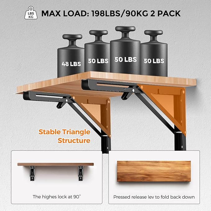 JOY DECOR 14 Inch Heavy Duty Folding Shelf Brackets, 4 Pack (2 Pairs) Collapsible Wall Mounted Brackets for Fold Down Table, Stainless Steel Folding Table Hinge, Matte Black