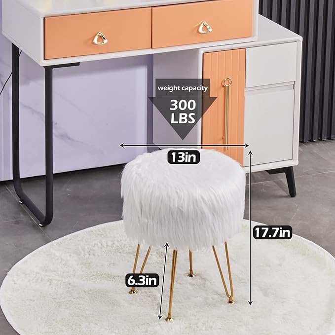 Mxfurhawa Faux Fur Storage Ottoman Round Furry Vanity Stool Marble Grain Tray Coffee Table Compact Footrest with 4 Metal Legs Soft Makeup Seat Foot Stool for Living Room Bedroom Entryway White
