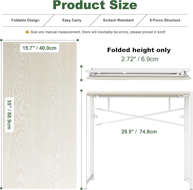 35 inch Small Folding Desk, Writing Gaming Computer Camping Desk for Small Spaces, No Assembly Required Home Office Table, Natural and White