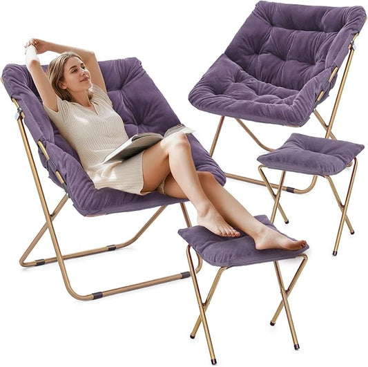 Athena Collection Saucer Chair with Ottoman - Modern Foldable Round Cozy Chair - Purple Faux Fur - 300 lbs Capacity - Ideal for Bedroom, Living Room, Gaming, Reading, Camping