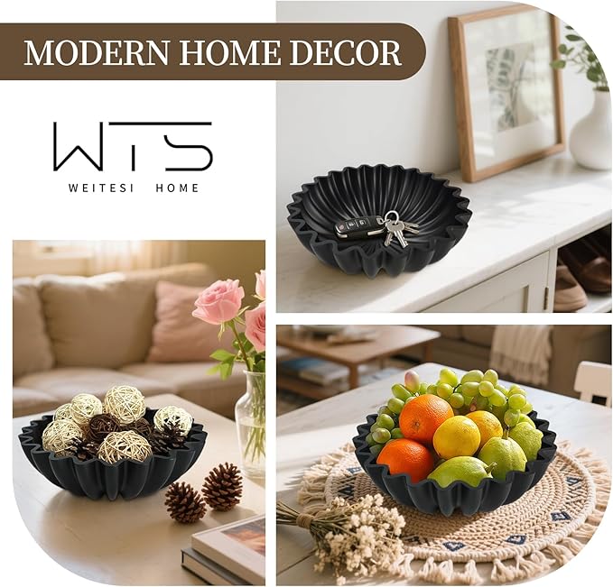 Decorative Fruit Bowl for Kitchen Counter, Large Decorative Bowl Modern Handicraft Bowl for Home Decor, Stylish Key Bowl for Entry Table, Coffee Table Decor, Home Decor Accent, Artificial Stone Black