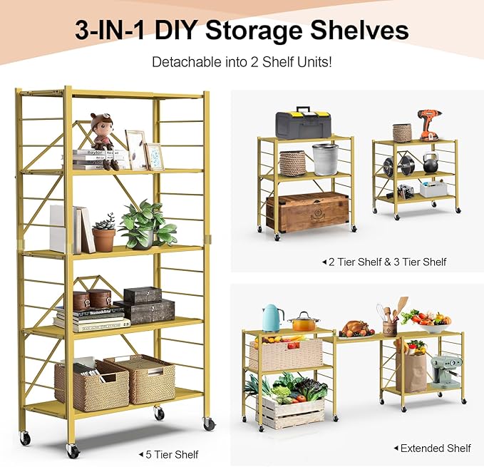 5 Tier Foldable Storage Shelves, Expandable Folding Shelving Units with Wheels, Changeable into 2 Shelf Units, Collapsible Adjustable Storage Rack Metal Shelves for Storage, Pantry, Garage, Gold