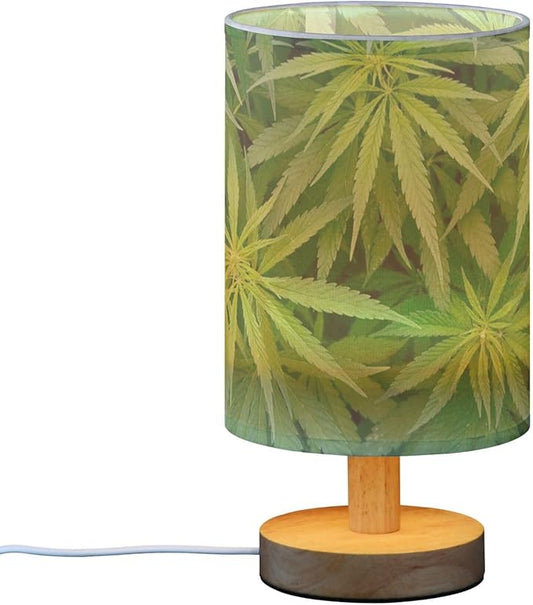 Table Lamp Green Marijuana Leaf Cannabis Weed Plant Leaves Nightstand Lamp with Wood Base Fabric Lamp Shade Bedside Desk Lamp for Living Room Bedroom Kids Room Office