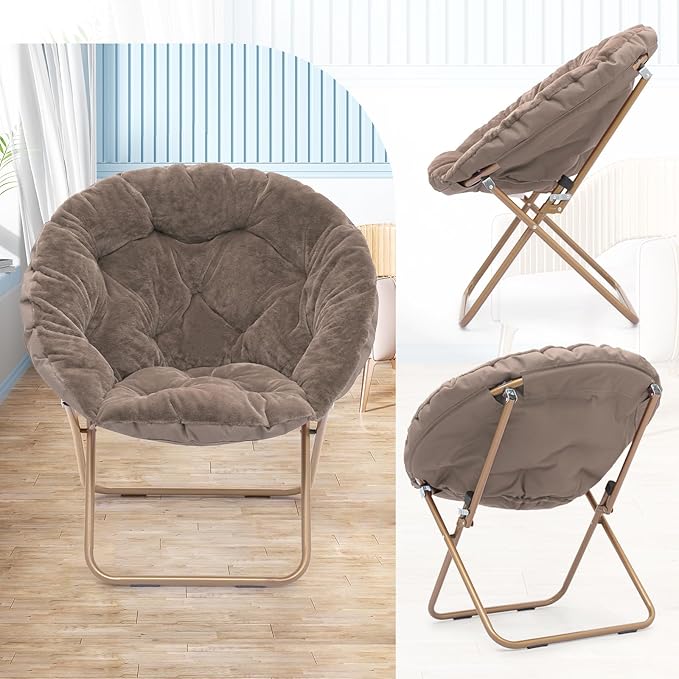 Athena Collection Comfy Saucer Chair Folding Cozy Chair for Bed Room Living Room Accent Chair Faux Fur Reading Chair Foldable Metal Frame Lazy Chair Moon Chair for Adult, Brown