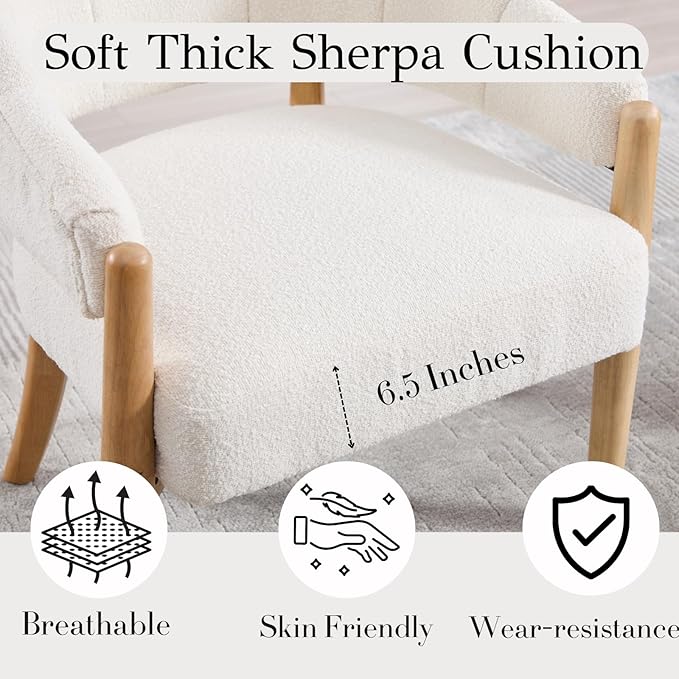 HEAH-YO Modern Accent Chair Set of 1,Upholstered Sherpa Living Room Chair,Reception Armchair with Solid Wood Legs,Reading Leisure Chair for Bedroom Makeup Vanity,White