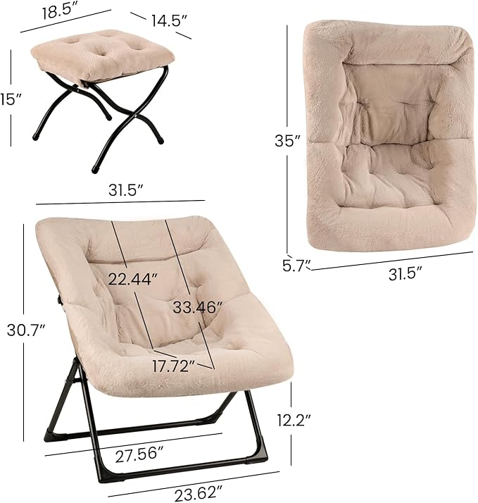 Comfy Saucer Chair for Adults, Soft Faux Fur Bedroom Chair with Ottoman, Accent Dorm Chairs, Living Room Reading Chairs and Footstool, Folding Lounge Seat for Teens, X-Large, Light Khaki