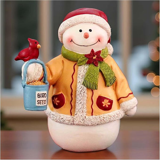 Snowman Figurine Christmas Decorations Indoor – Resin Snowman with Bird & Seed Bucket, Winter Tabletop Christmas Home Decor, Cute Seasonal Ornament for Holiday Display