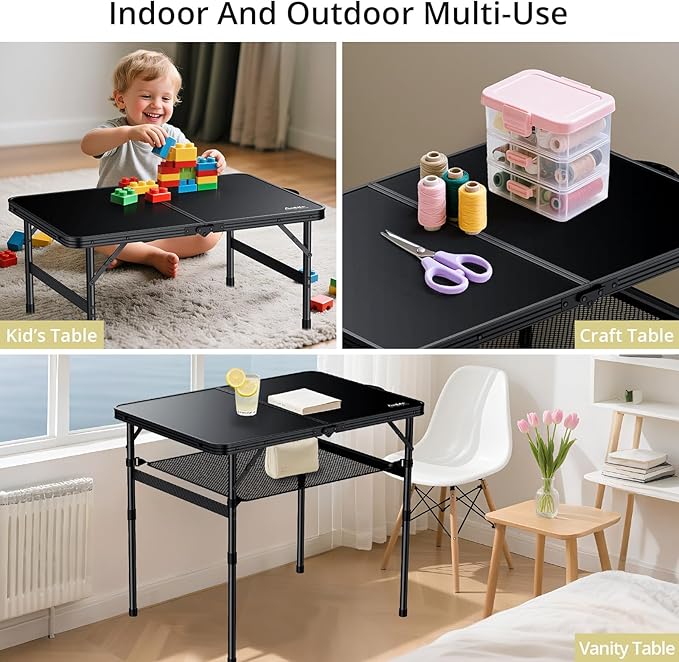 Anbte Folding Camping Table, 36" x 24" Portable Table Adjustable Height Max 28 inch Aluminum Folding Table with Storage Net, Lightweight, Portable Handle for Travel, Outdoor, Backyard (Black)