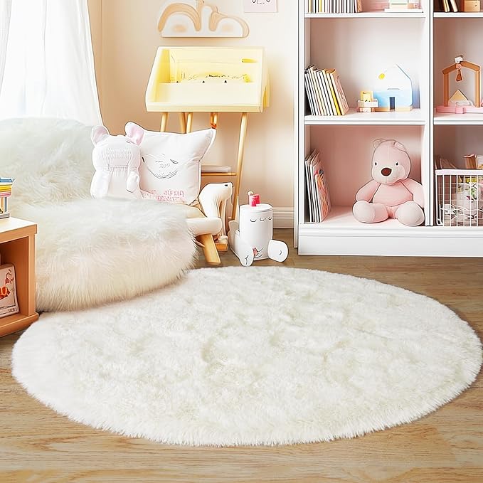 4'x4' Cream Round Rugs for Girls Bedroom, Ultra Soft Fluffy Circle Rug for Kids Room, Cute Shag Rugs for Living Room Playroom Tent Castle Home Decor Rug
