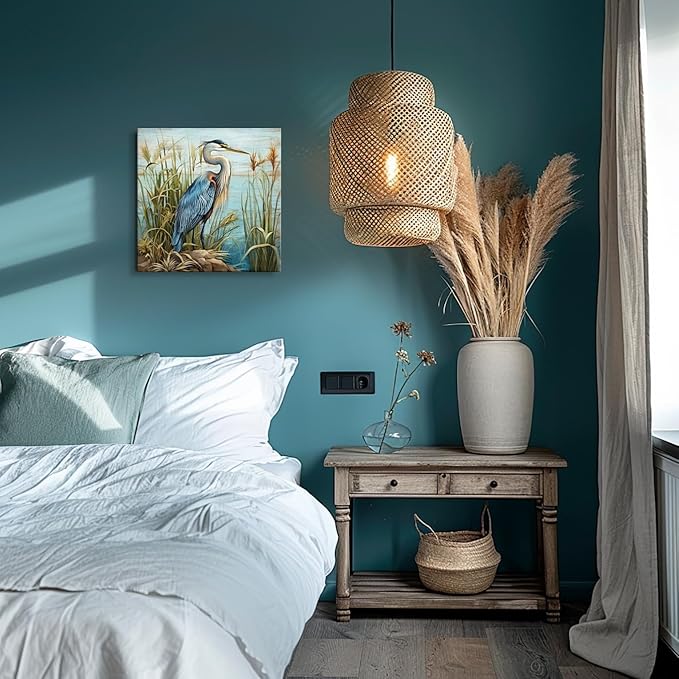 YUEYARIT Bathroom Decor ardea herodias Wall Art Ocean Theme Blue sea Picture Heron Canvas Print Modern Coastal Artwork Framed Hanging Dining Office Living Room