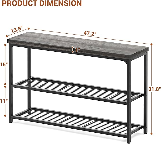 47" Console Table, 3-Tier Entryway Table, Sofa Table with Mesh Shelves, Console Tables for Living Room, Bedroom, Hallway, Entryway, Foyer, Grey