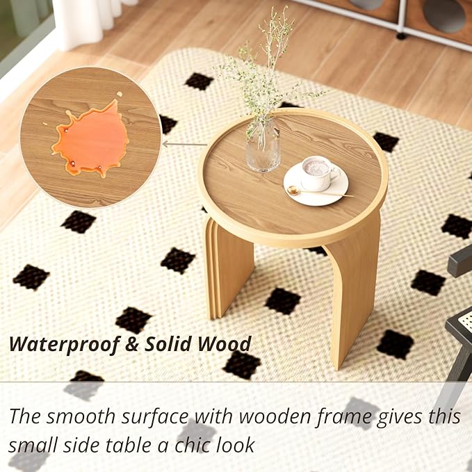 Round Side Table, Farmhouse Wood End Table with Sturdy Base, Small Drink Table for Living Room, Bedroom and Small Spaces