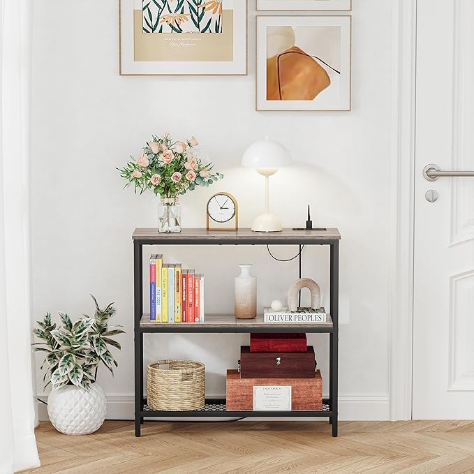 Snughome Console Table with Power Outlets, Entryway Table with Storage, Narrow Sofa Table with 3 Tier Shelves, 2 USB Ports, 2 Power Outlets, Hallway Table for Couch, Living Room, Entrance, Grey