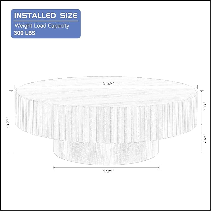 31.49'' Round Coffee Table for Living Room, Modern Wood Nesting Coffee Table Handcraft Circle Fluted Drum Coffee Table, Easy Assembly