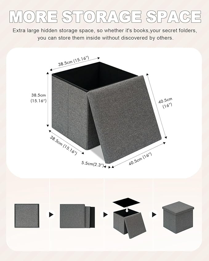 B FSOBEIIALEO Storage Ottoman with Tray, Small Ottomans Cube Folding Coffee Table Foot Stool Footrest Seat, Dark Grey Linen 16"X15.7"x15"