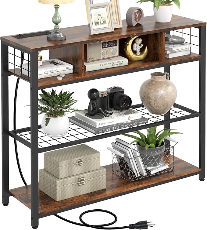 Livofloral Console Tables with Charging Station, 4 Tier Narrow Sofa Tables with Storage Shelves, Entryway Tables with Outlet and USB Ports, Behind Couch Table for Living Room Hallway, Rustic Brown