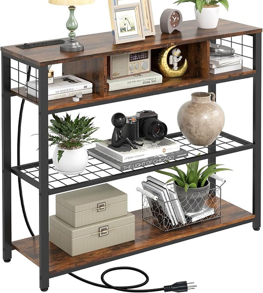 Livofloral Console Tables with Charging Station, 4 Tier Narrow Sofa Tables with Storage Shelves, Entryway Tables with Outlet and USB Ports, Behind Couch Table for Living Room Hallway, Rustic Brown