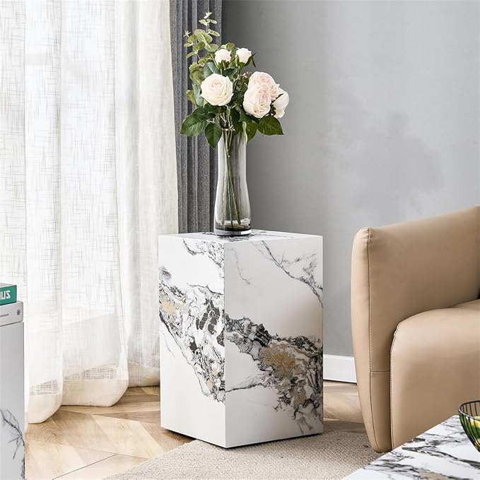End Table, Side Table Living Room Table, Faux Marble Sofa Couch White Bedside Nightstand for Small Space