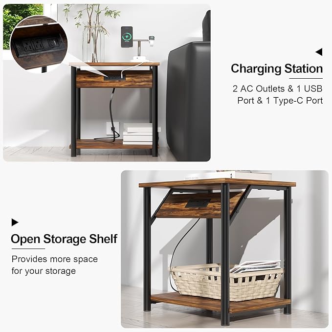 Night Stands Set of 2, Small End Tables with Charging Station, Small Side Tables for Living Room, Bedside Tables with 2-Tier Storage Shelf, Nightstand with Outlets and USB Ports, Rustic Brown/Black