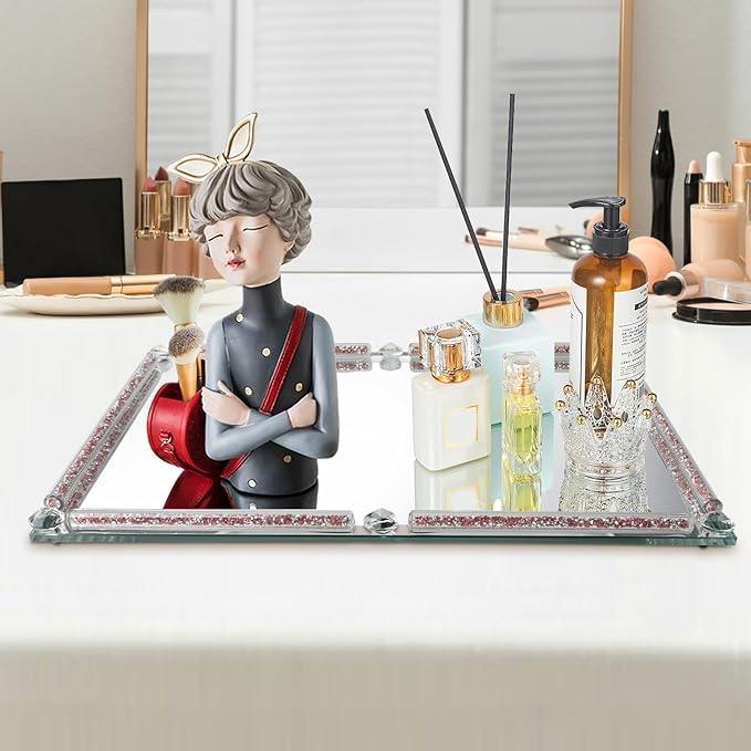 Large Mirror Perfume Tray for Dresser,Pink Crushed Diamond Filled Glass Vanity Tray,Decorative Bathroom Tray,Crystal Tray for Home Decorative,Party,Hotel Banquet,15.7x11.8x1.4inch,Pink