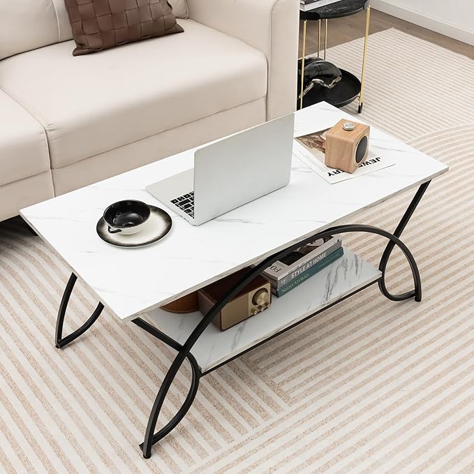 Giantex 2-Tier Rectangular Coffee Table, Faux Marble Table with Open Storage Shelf, Black Finished Metal Frame, Modern Center Table for Living Room, Reception Room (White+Black)