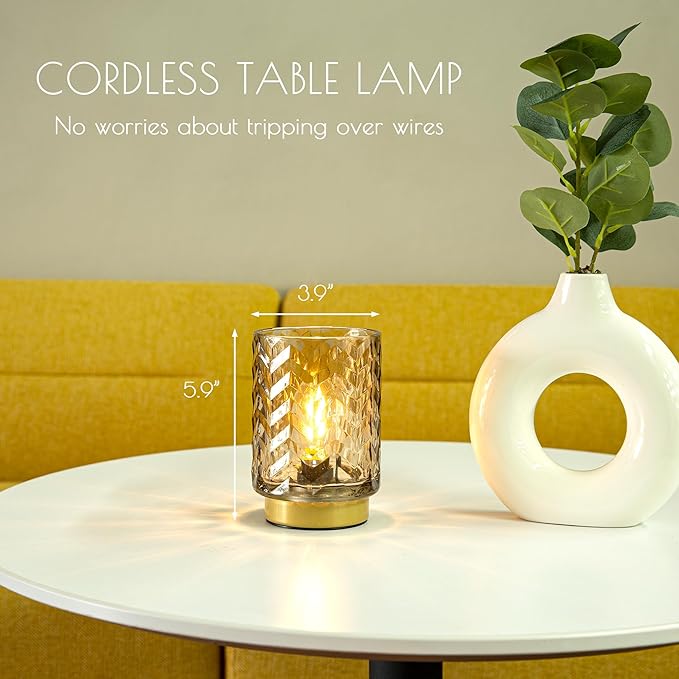 Aesthetic Battery Operated Lamp with Timer, Small Decorative Table Lamp, Glass Cordless Lamps Bedside Battery Powered Lamp for Living Room, Entryway Wave Design-Amber